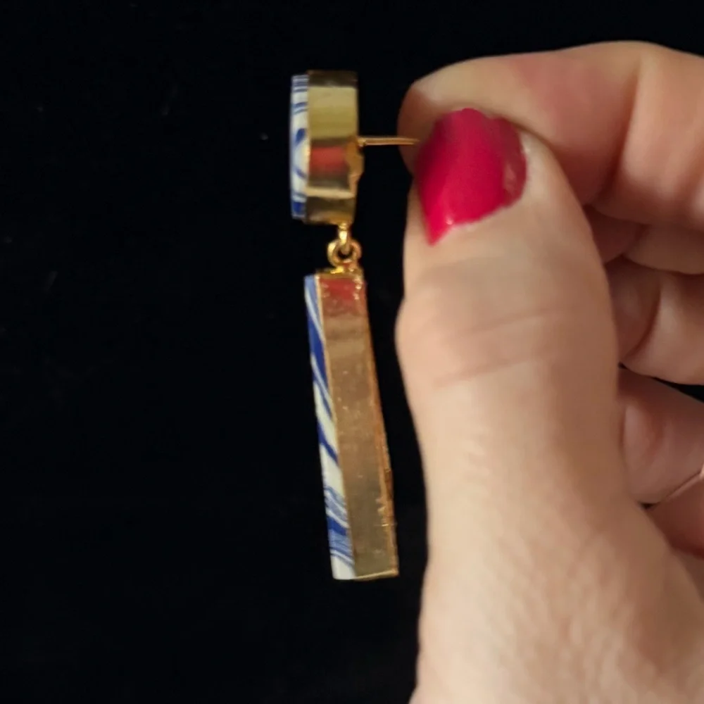 Blue and White Patterned Triangle Gold Border Dangling Statement Post Earrings - Picture 9 of 16